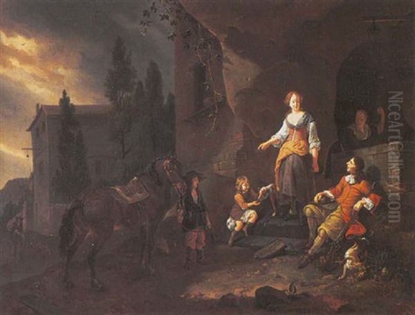 A Huntsman Resting At A Well Conversing With A Woman, A Boy Holding His Horse In Attendance - view 1