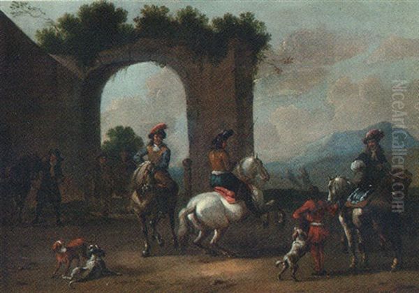 Horsemen Schooling Horses Before An Archway - view 1
