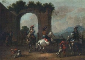 Horsemen Schooling Horses Before An Archway by Dirk Maes