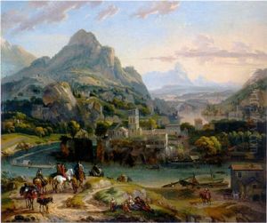 A Rhenish Landscape With Horsemen And Peasants On A Path By A River, A Village And Mountain Beyond A Rhenish Landscape With Horsemen And Peasants On A Path By A River, A Village And Mountain Beyond