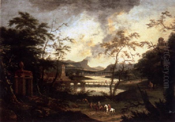 An Extensive River Landscape With A Hunting Party On A Track - view 1