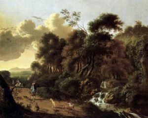 Waldlandschaft Mit Einem Wasserfall Und Reisenden Waldlandschaft Mit Einem Wasserfall Und Reisenden