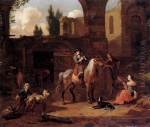 A Traveller On Horseback Taking Refreshment By A Stable, Among Classical Ruins, Shepherds Nearby A Traveller On Horseback Taking Refreshment By A Stable, Among Classical Ruins, Shepherds Nearby