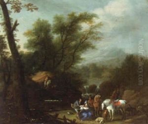 A Wooded River Landscape With A Hunting Party At Rest A Wooded River Landscape With A Hunting Party At Rest