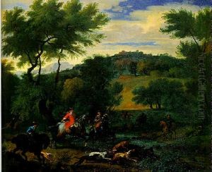 Sportsmen Hunting Boar In A Wooded River Landscape Sportsmen Hunting Boar In A Wooded River Landscape