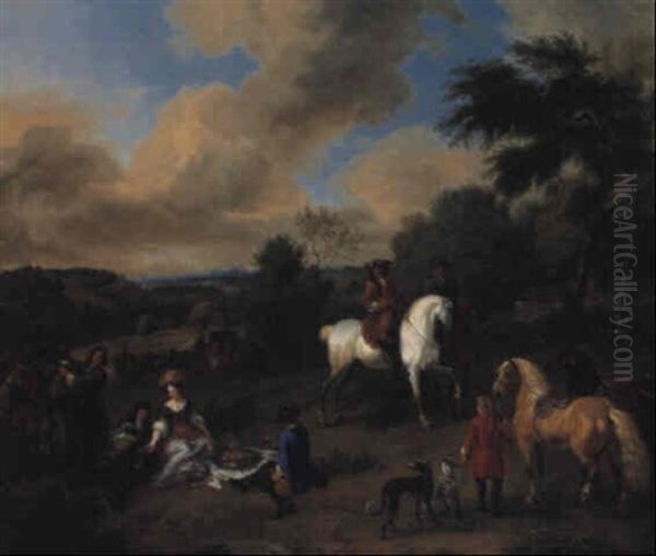 A Hunting Party Picnicking In A Wooded Landscape - view 1