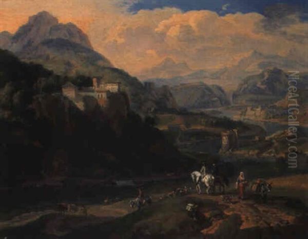 A Mountainous River Landscape With Travellers On A Path - view 1