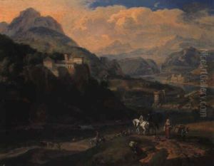 A Mountainous River Landscape With Travellers On A Path
