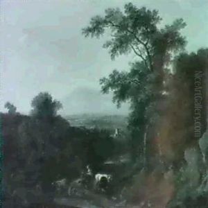 A Cowherd Conversing With A Peasant Woman On A Forest Path  An Extensive Valley Beyond, At Sunset