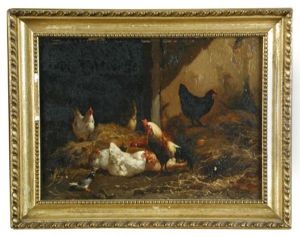 Studies Of Cockerels, Chickens And Pigeons, In A Farmyard, And In A Barn by Eugene Remy Maes