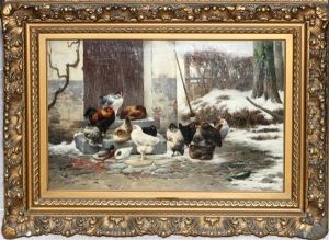 Chickens And Ducks In A Snowy Setting by Eugene Remy Maes