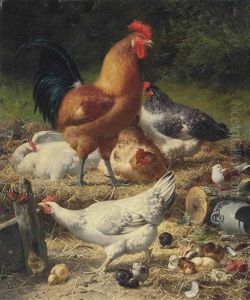 Hens And Chickens In A Farmyard by Eugene Remy Maes
