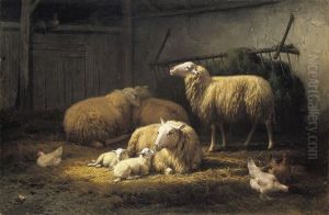 Schapen En Kippen In De Stal by Eugene Remy Maes