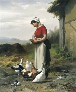 Het Voeren Van De Kippen by Eugene Remy Maes