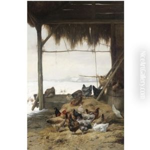 Chickens By A Hay Bail (+ Chickens In A Barn In Winter; Pair) by Eugene Remy Maes