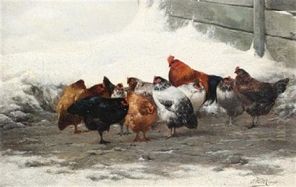 Chickens In A Snowy Yard (a Hen And Her Chicks; Pair) - view 1