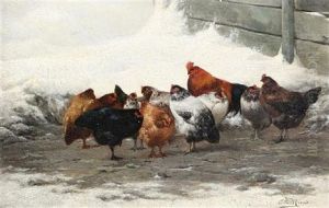 Chickens In A Snowy Yard (a Hen And Her Chicks; Pair) by Eugene Remy Maes