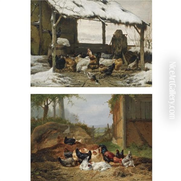 Poultry In A Snow Covered Shed (+ Poultry In A Sunlit Farmyard; Pair) - view 1