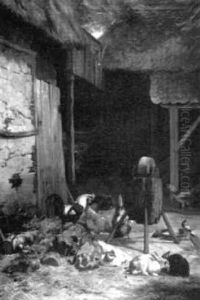Chickens And Rabbits In Barnyard by Eugene Remy Maes