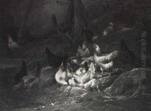 Hens And Rooster by Eugene Remy Maes