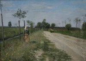 Woman On A Roadway With Loaded Barrow, Another Stood On Verge In Foreground In Headscarf