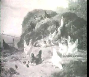 Poultry And Chickens On A Hay Rick by Eugene Remy Maes