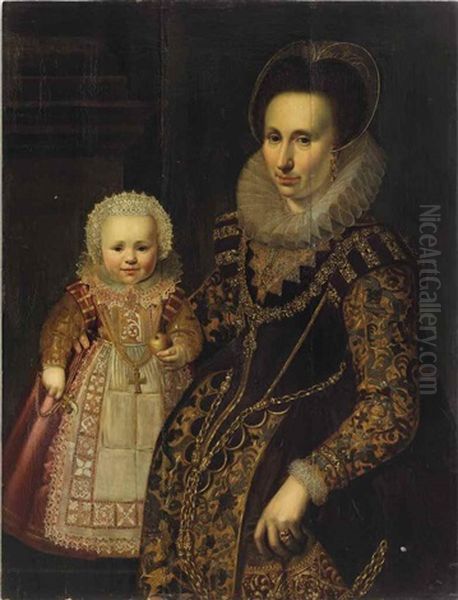 Portrait Of A Lady, Three-quarter Length, In A Black Dress With A Red Embroidered And Scalopped Bodice, A 'molensteenkraag' And A Jewelled Heart Shaped Cap, Together With A Small Girl, Holding An Apple - view 1