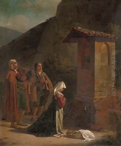 Musicians By A Roadside Chapel by Jean Baptist Lodewyck (Maes-Canini) Maes