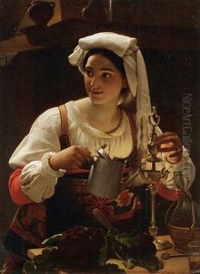 A Young Maiden Filling An Oil Lamp