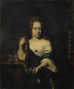 Portrait Of A Lady Three-quarter-length, In White Dress And Blue Silk Shawl
