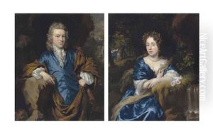 Portrait Of A Gentleman In Blue, Three-quarter-length; And Portrait Of A Lady In Blue, Three-quarter-length by Nicolaes Maes