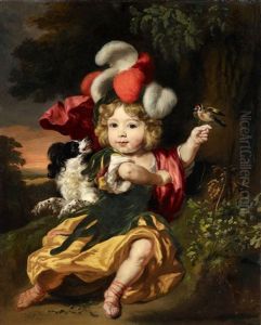 Portrait Of A Boy With A Dog And A Bird by Nicolaes Maes