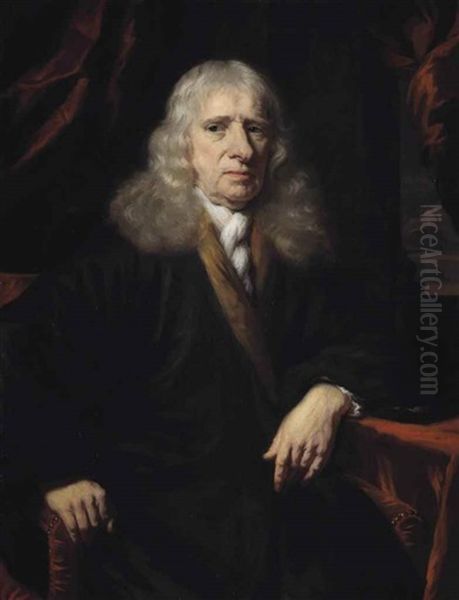 Portrait Of A Gentleman, Three-quarter-length, In A Black Robe With An Ochre Lining, Seated In A Red Velvet Upholstered Chair And Resting His Left Elbow On A Table - view 1