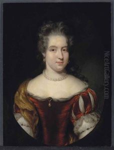 Portrait Of A Lady, Possibly From The Scholte Family, Half-length, In A Red Dress And Pearl Necklace, In A Painted Oval