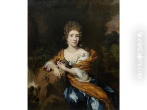 Portrait Of Baroness Van Heeckeren, Three-quarter-length, In A Blue Dress And Yellow Wrap, Seated Before A Landscape