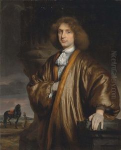 Portrait Of A Gentleman, Half-length, In A Japonsche Rock, A Black Stallion Tethered To A Post In An Open Landscape Beyond