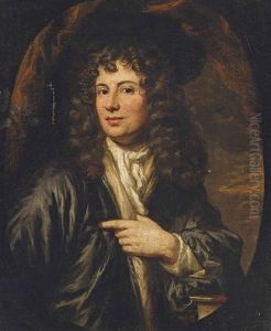 Portrait Of A Gentleman, Half-length, In A Grey Coat, His Left Arm Resting On A Table, In A Feigned Oval by Nicolaes Maes