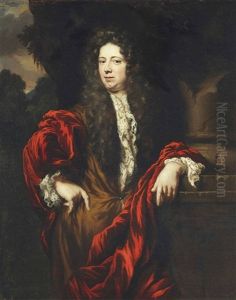 Portrait Of A Gentleman, Three-quarter-length, In A Brown Coat And White Stocking, With Lace Cuffs And Red Mantle, Standing Beside A Broken Column, In A Landscape