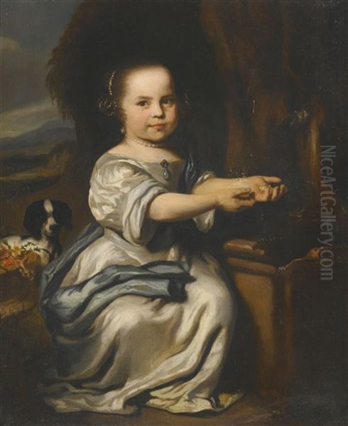 Portrait Of A Young Girl By A Fountain With Her Dog, A Landscape Beyond - view 1