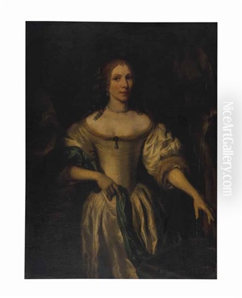 Portrait Of A Lady, Three-quarter-length, In A White Dress Next To A Fountain - view 1