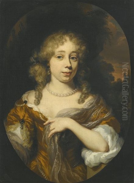 Portrait Of A Lady, Half Length, In An Ochre Coloured Dress, White Lace Shawl And Pearls In A Garden Setting - view 1