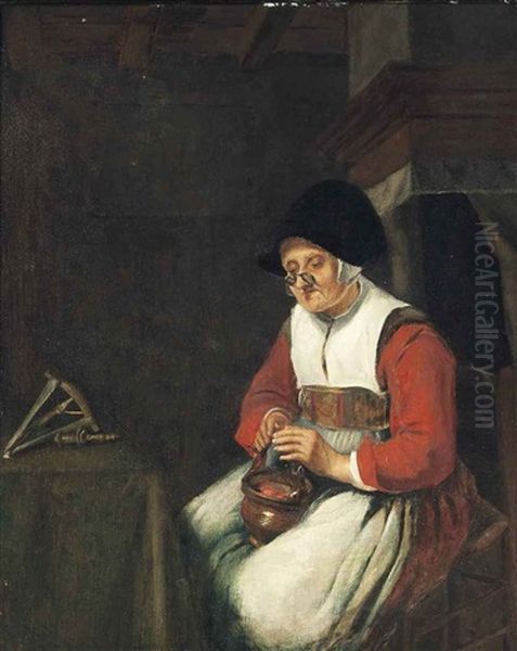 An Old Woman Seated In An Interior With A Flax Winder - view 1