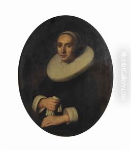 Portrait Of A Lady, Half-length, In A Black Dress With A White Molensteenkraag And White Lace Cap, Holding A Pair Of White Gloves by Nicolaes Maes