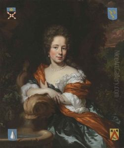 Portrait Of Catrina Pels, Three-quarter-length, In A Red Dress Next To A Fountain