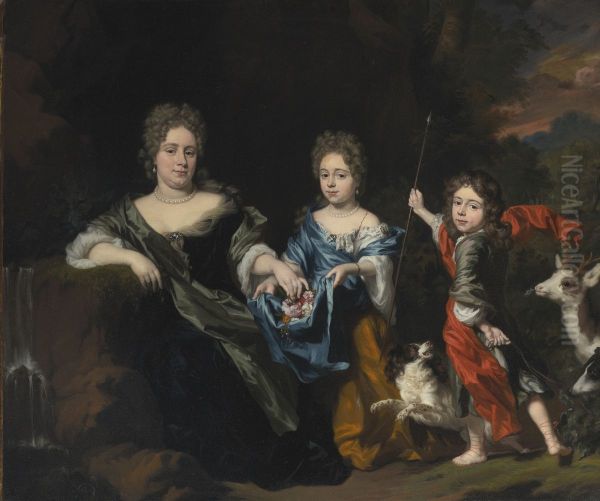 Portrait Of A Mother And Two Children In A Park - view 1