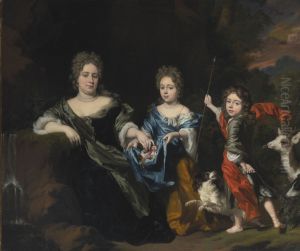 Portrait Of A Mother And Two Children In A Park by Nicolaes Maes