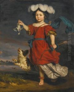 Portrait Of A Young Boy In Classical Costume, Standing Full Length, Holding A Thrush In One Hand And A Bow And Arrow In The Other, With A Spaniel By His Side