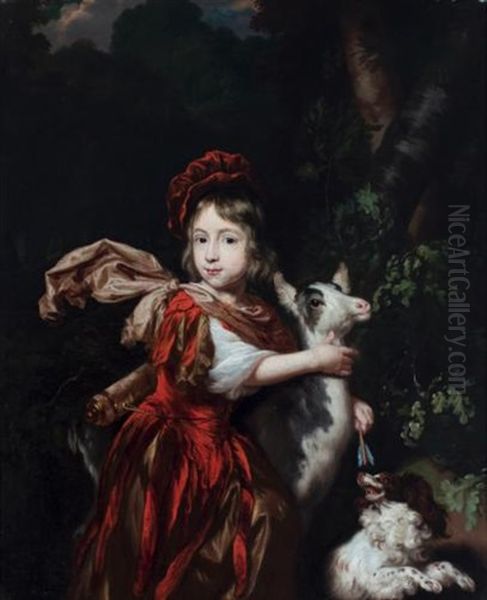 Portrait Of A Young Boy, Together With A Goat And A Dog, In A Landscape - view 1