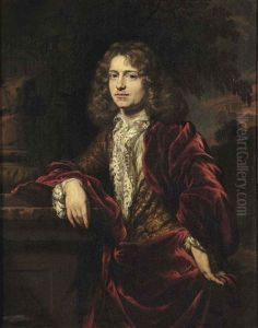 Portrait Of A Gentleman, Three-quarter-length, In A White Lace Trimmed Chemise And A Red Cloak Over A Gold Brocate Jacket, Standing...
