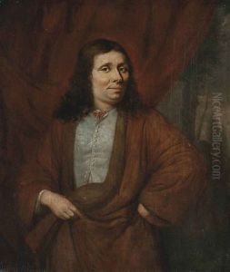 Portrait Of A Man, Half-length, In A Brown Coat And White Waistcoat With A Pink Bow, Before A Draped Curtain, A Park Landscape Beyond